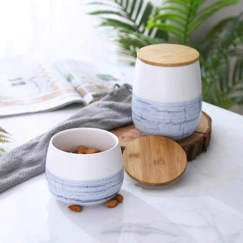 milkyway Food Storage Jar White Ceramic Food storage canister with Airtight Wooden Lid for serving Coffee, Tea, Sugar, Spice and More (700ml) - Image 3